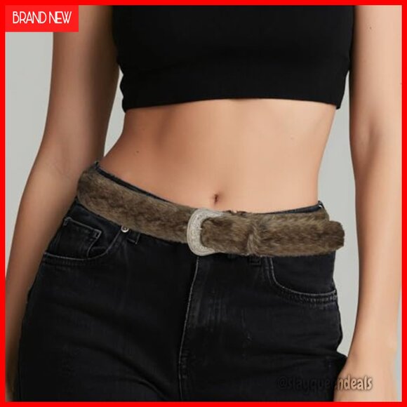 Adjustable Faux Fur Belt Western Style Leather Waist Belt 31-41 Inches main image 4